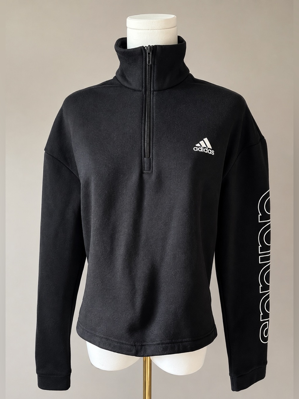 Adidas Women's Black Quarter Zip Cropped Fleece Sweatshirt Logo Sleeve Sporty